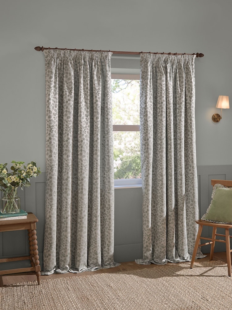Wylder Mist Grey Grace Leaf Jacquard Lined Pencil Pleat Curtains - Image 2 of 6 Wylder Mist Grey Grace Leaf Jacquard Lined Pencil Pleat Curtains - Image 2 of 6