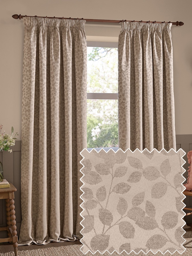 Wylder Taupe Grace Leaf Jacquard Lined Pencil Pleat Curtains - Image 1 of 6 Wylder Taupe Grace Leaf Jacquard Lined Pencil Pleat Curtains - Image 1 of 6