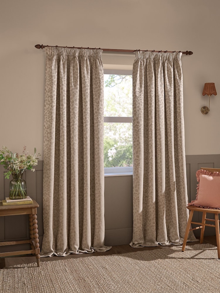 Wylder Taupe Grace Leaf Jacquard Lined Pencil Pleat Curtains - Image 2 of 6 Wylder Taupe Grace Leaf Jacquard Lined Pencil Pleat Curtains - Image 2 of 6