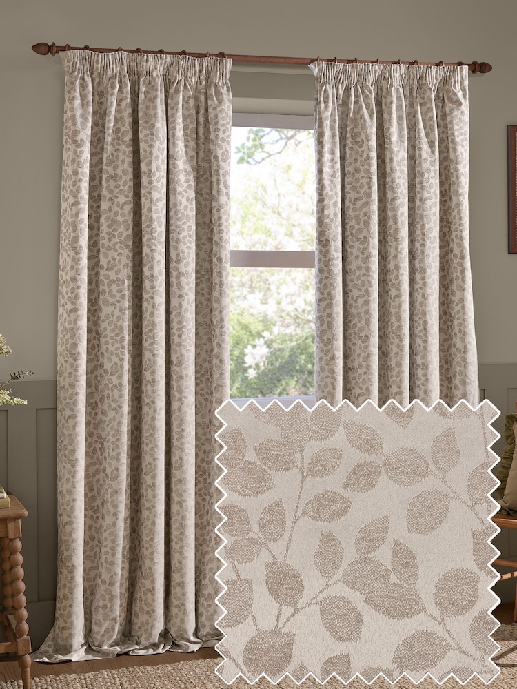 Wylder Natural Grace Leaf Jacquard Lined Pencil Pleat Curtains - Image 1 of 5 Wylder Natural Grace Leaf Jacquard Lined Pencil Pleat Curtains - Image 1 of 5