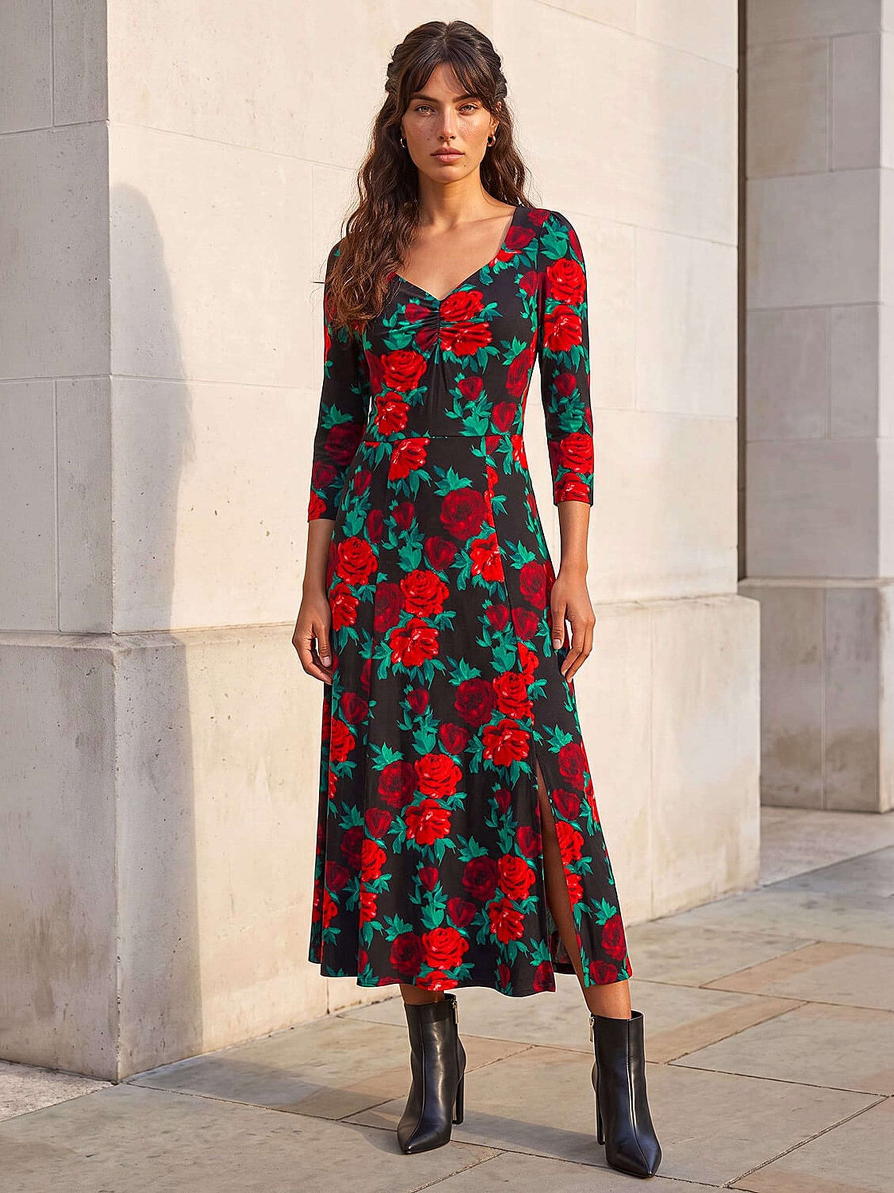 Roman Women's Red Rose Ruched Midi Dress - Image 9
