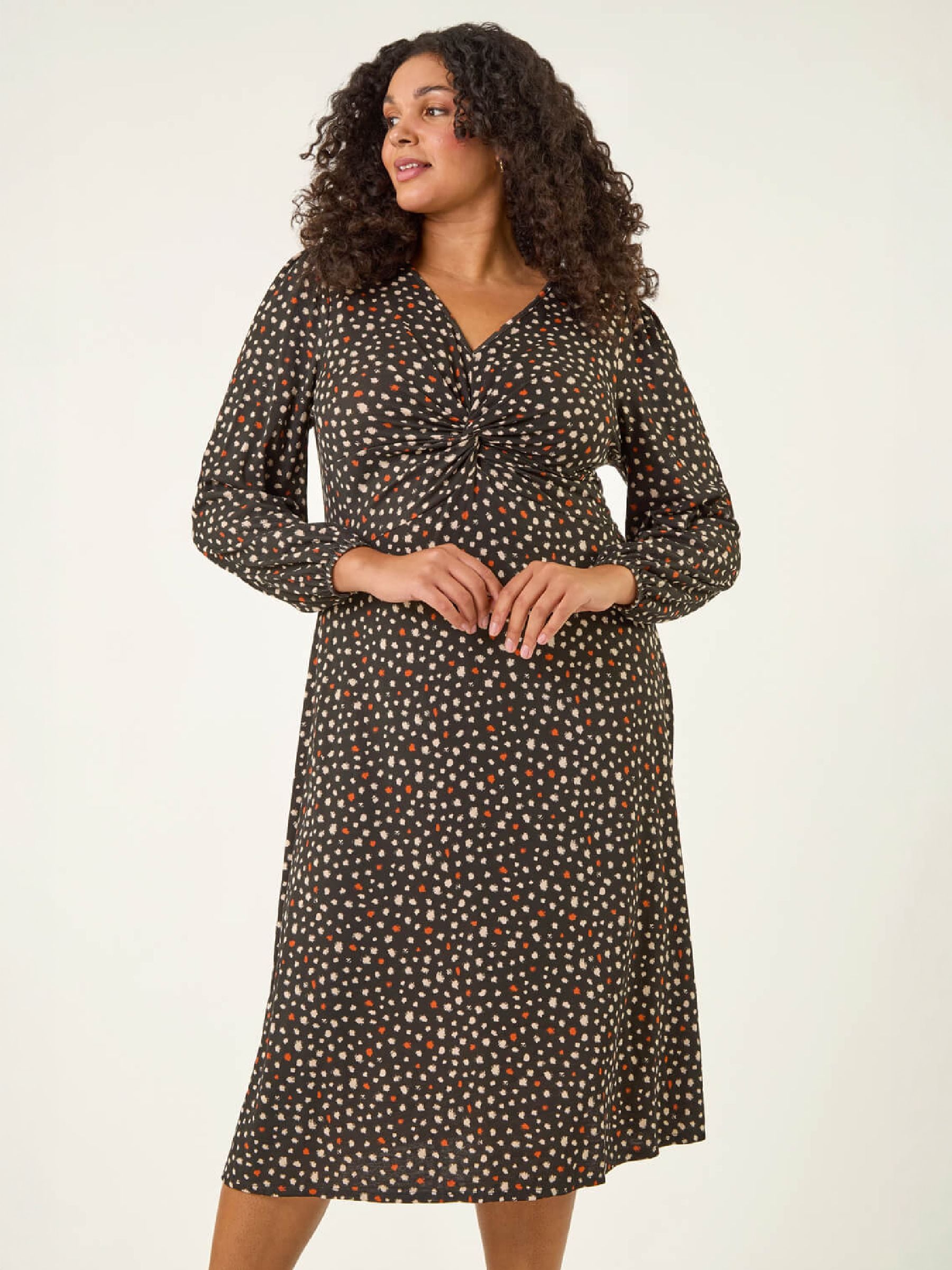 Roman Curve Spot Twist Stretch Dress, Black, Size 22-24, Women - Image 3