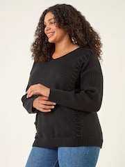 Roman Black Curve Stitch V-Neck Knit Jumper - Image 1 of 4