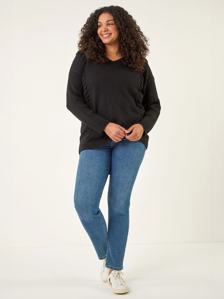 Roman Black Curve Stitch V-Neck Knit Jumper - Image 2 of 4 Roman Black Curve Stitch V-Neck Knit Jumper - Image 2 of 4