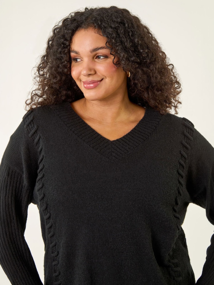 Roman Black Curve Stitch V-Neck Knit Jumper - Image 4 of 4 Roman Black Curve Stitch V-Neck Knit Jumper - Image 4 of 4
