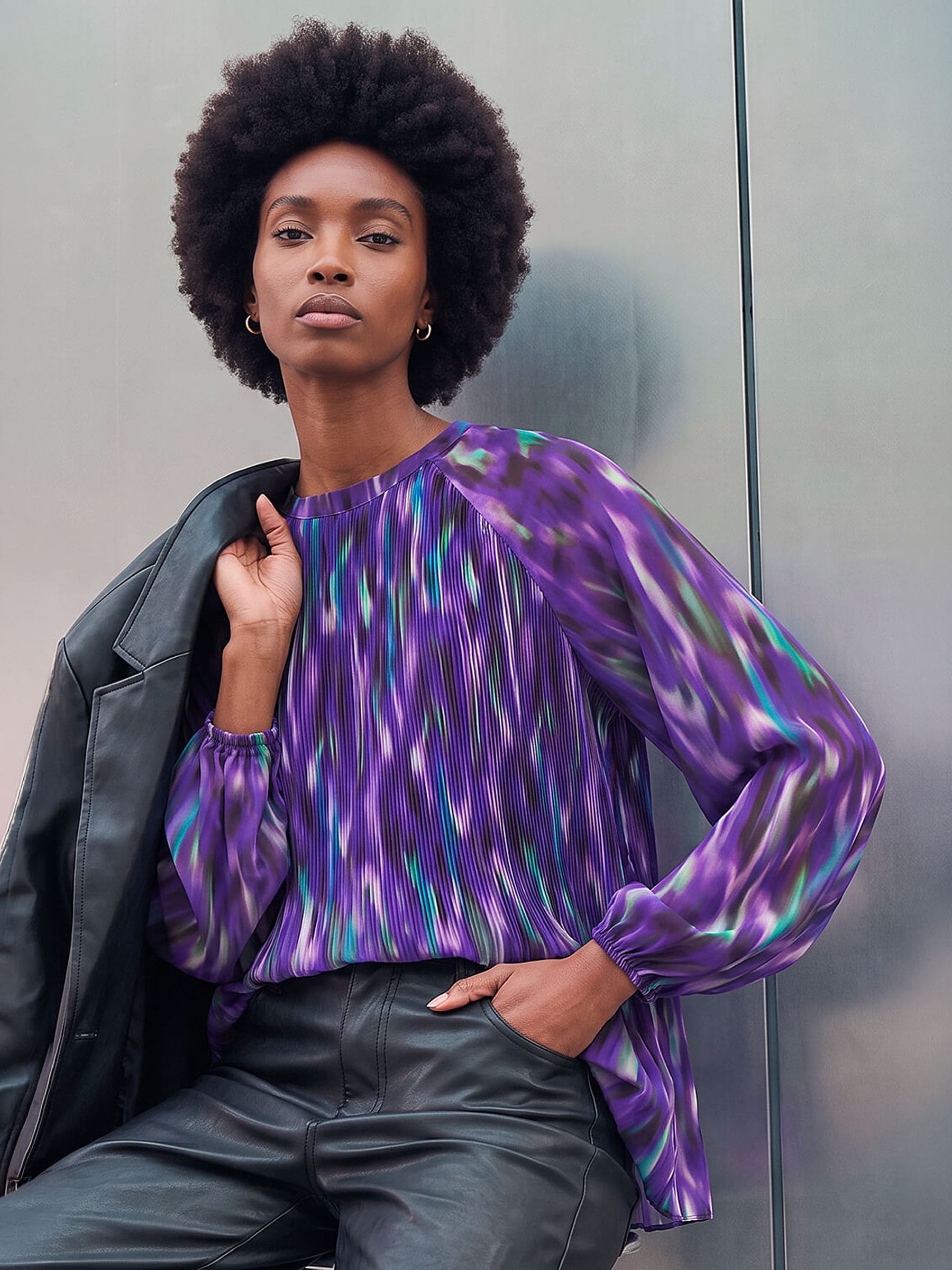 Roman Women's Purple Abstract Print Pleated Top - Image 1