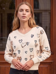 Roman White Scattered Heart V-Neck Knit Jumper - Image 1 of 4