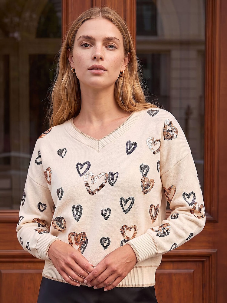 Roman White Scattered Heart V-Neck Knit Jumper - Image 1 of 4