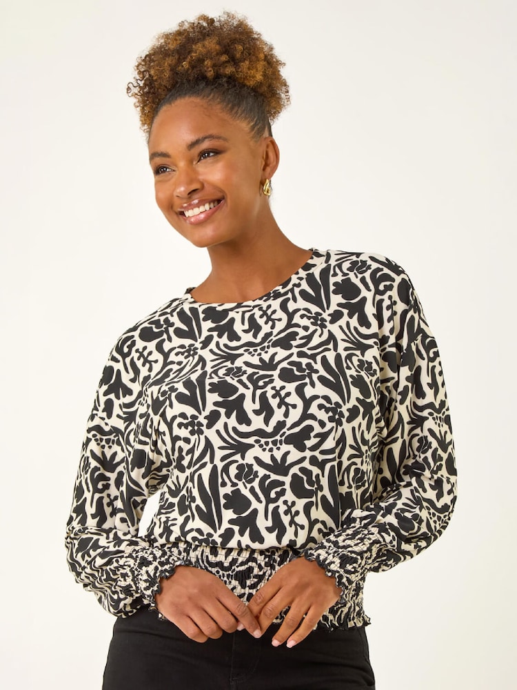 Roman Black Abstract Print Stretch Top - Image 1 of 4