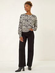 Roman Black Abstract Print Stretch Top - Image 2 of 4