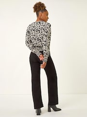 Roman Black Abstract Print Stretch Top - Image 4 of 4