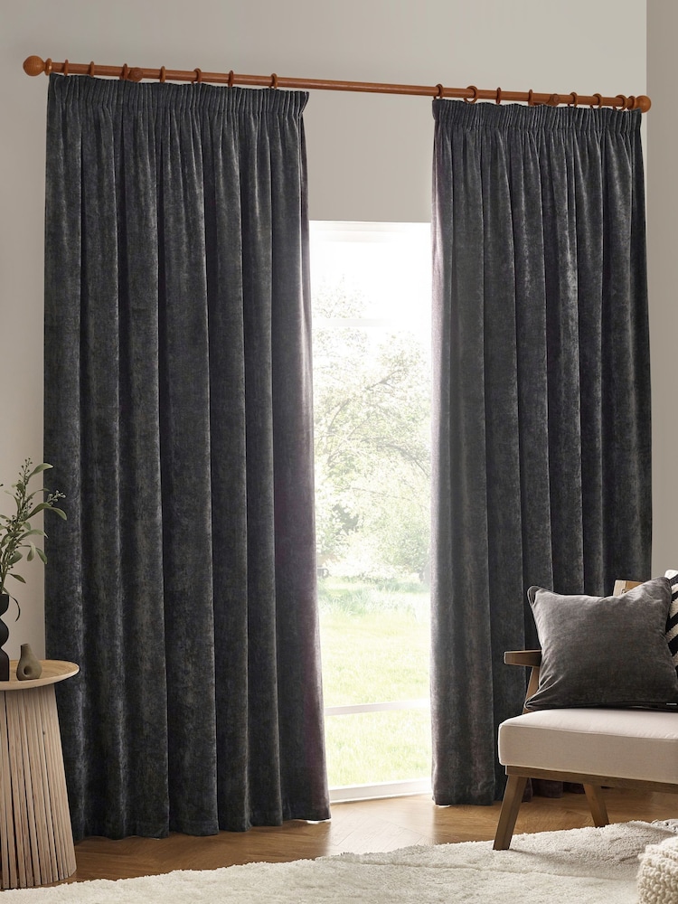 Yard Charcoal Heavy Chenille Blackout Pencil Pleat Curtain - Image 1 of 3