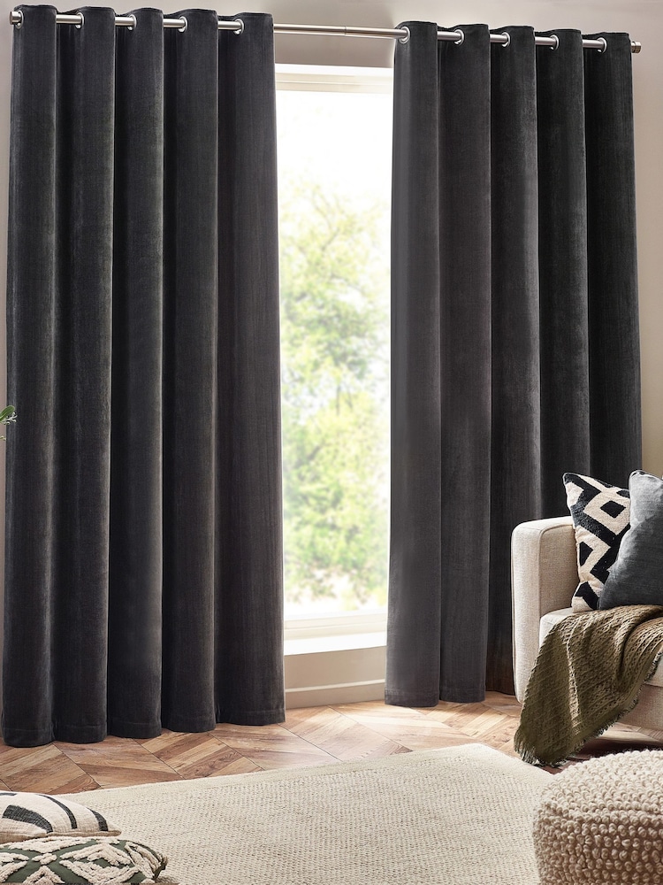 Yard Charcoal Heavy Chenille Blackout Eyelet Curtain - Image 2 of 4