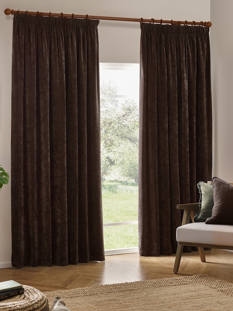 Yard Brown Heavy Chenille Blackout Pencil Pleat Curtain - Image 1 of 3