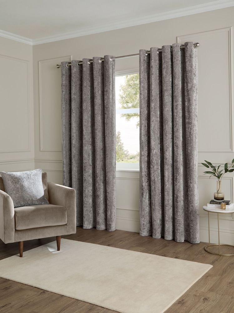 Paoletti Pewter Lustre Velvet Fully Lined Eyelet Curtain - Image 2 of 6 Paoletti Pewter Lustre Velvet Fully Lined Eyelet Curtain - Image 2 of 6