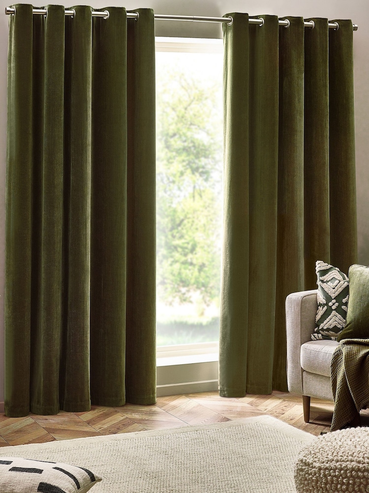 Yard Olive Heavy Chenille Blackout Eyelet Curtain - Image 2 of 4