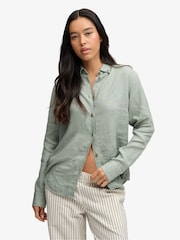 Superdry Green Premium Linen Button Down Slim Shirt - Image 1 of 7