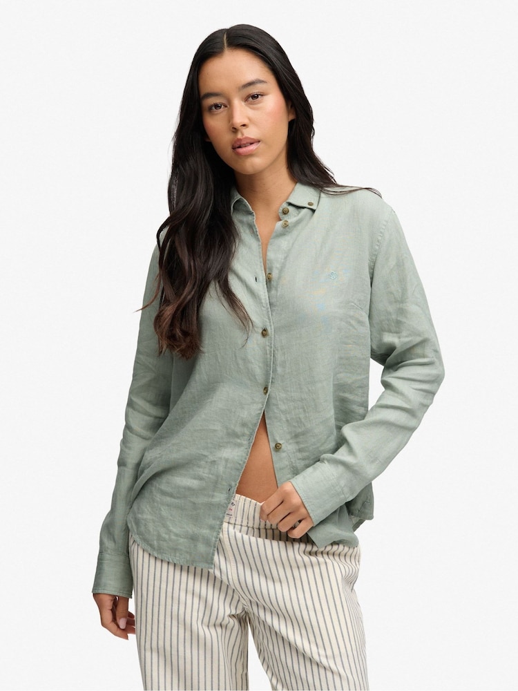 Superdry Green Premium Linen Button Down Slim Shirt - Image 1 of 7 Superdry Green Premium Linen Button Down Slim Shirt - Image 1 of 7