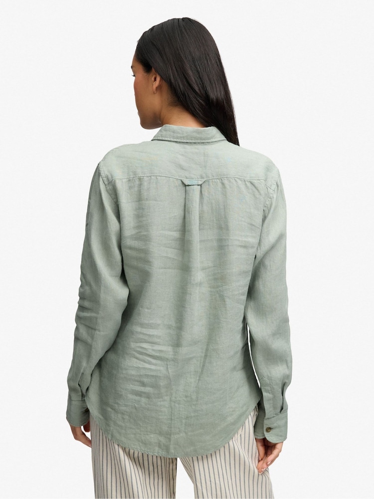 Superdry Green Premium Linen Button Down Slim Shirt - Image 2 of 7 Superdry Green Premium Linen Button Down Slim Shirt - Image 2 of 7