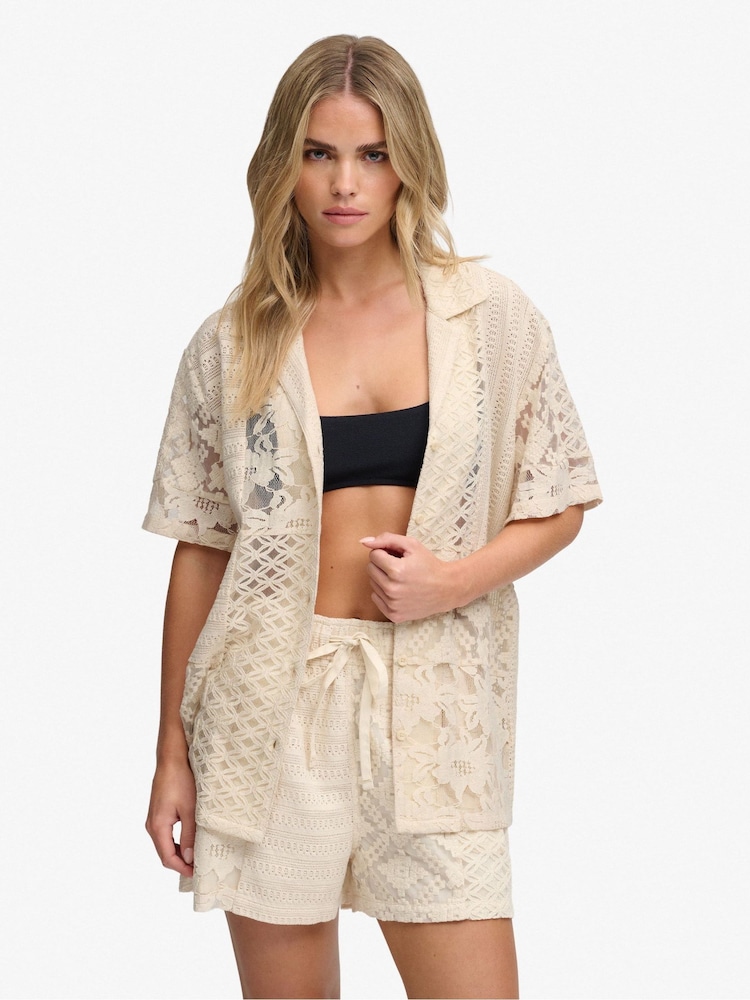 Superdry Cream Lace Patchwork Beach Resort Shirt - Image 2 of 7 Superdry Cream Lace Patchwork Beach Resort Shirt - Image 2 of 7