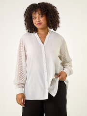 Roman White Curve V-Neck Button Blouse - Image 2 of 4