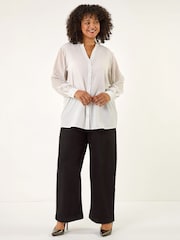 Roman White Curve V-Neck Button Blouse - Image 3 of 4