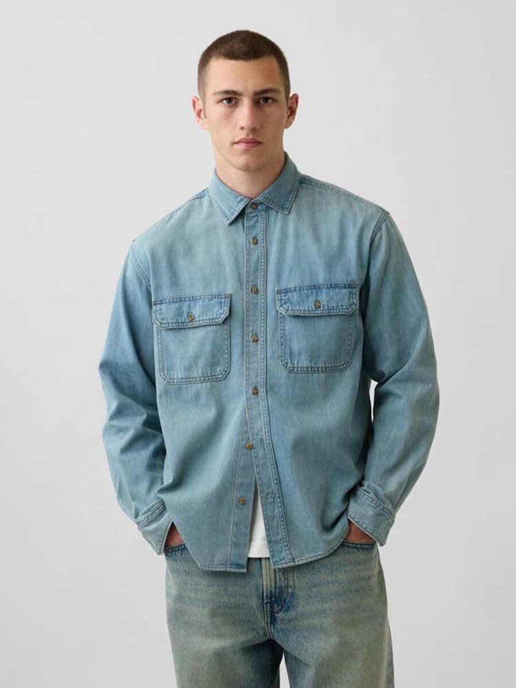 Gap Light Wash UltraSoft Denim Relaxed Utility Shirt - Image 1 of 5 Gap Light Wash UltraSoft Denim Relaxed Utility Shirt - Image 1 of 5