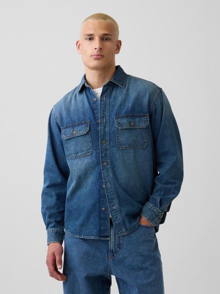 Gap Dark Wash UltraSoft Denim Relaxed Utility Shirt - Image 1 of 5 Gap Dark Wash UltraSoft Denim Relaxed Utility Shirt - Image 1 of 5