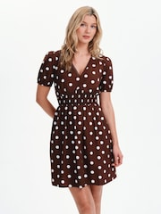 Finery Brown Meadow Polka Dot Cotton Short Dress - Image 1 of 5