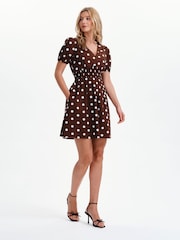 Finery Brown Meadow Polka Dot Cotton Short Dress - Image 2 of 5