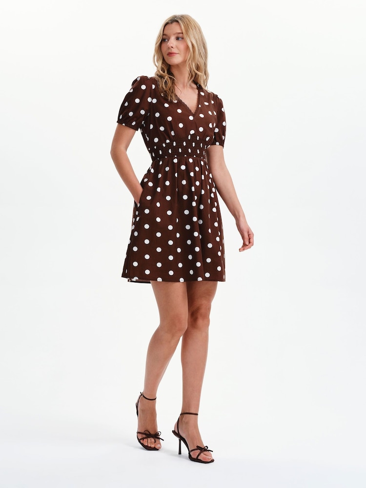 Finery Brown Meadow Polka Dot Cotton Short Dress - Image 2 of 5 Finery Brown Meadow Polka Dot Cotton Short Dress - Image 2 of 5