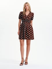 Finery Brown Meadow Polka Dot Cotton Short Dress - Image 4 of 5