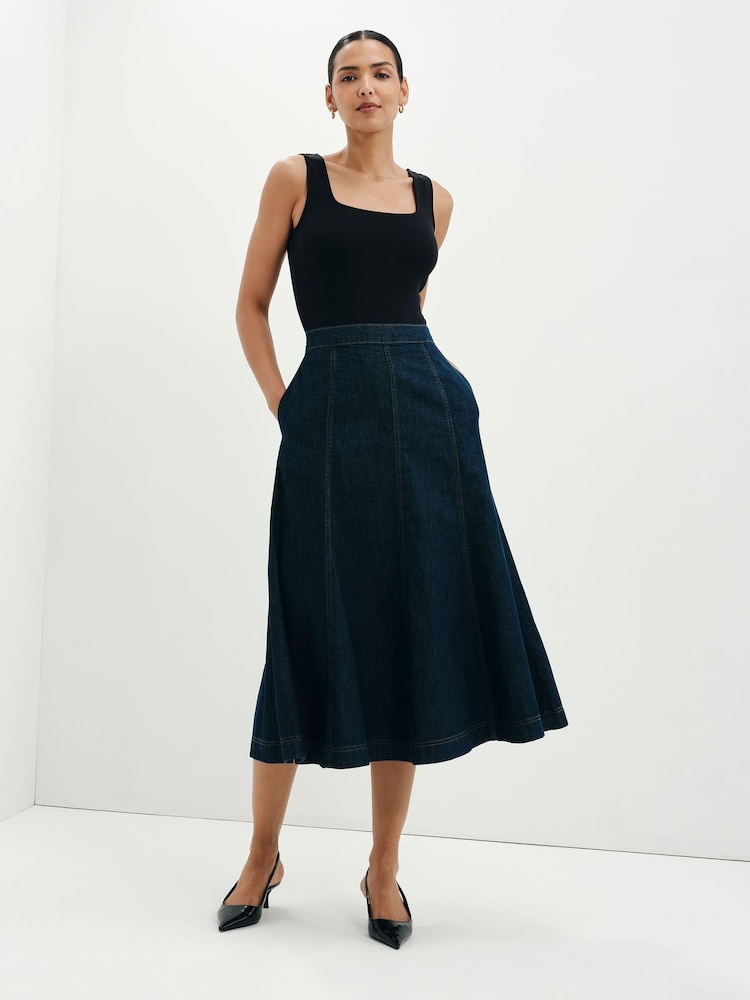 Finery Indigo Blue Dana Denim Midi Skirt - Image 1 of 5 Finery Indigo Blue Dana Denim Midi Skirt - Image 1 of 5