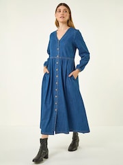 Roman Blue Denim Button Through Midi Dress - Image 1 of 4