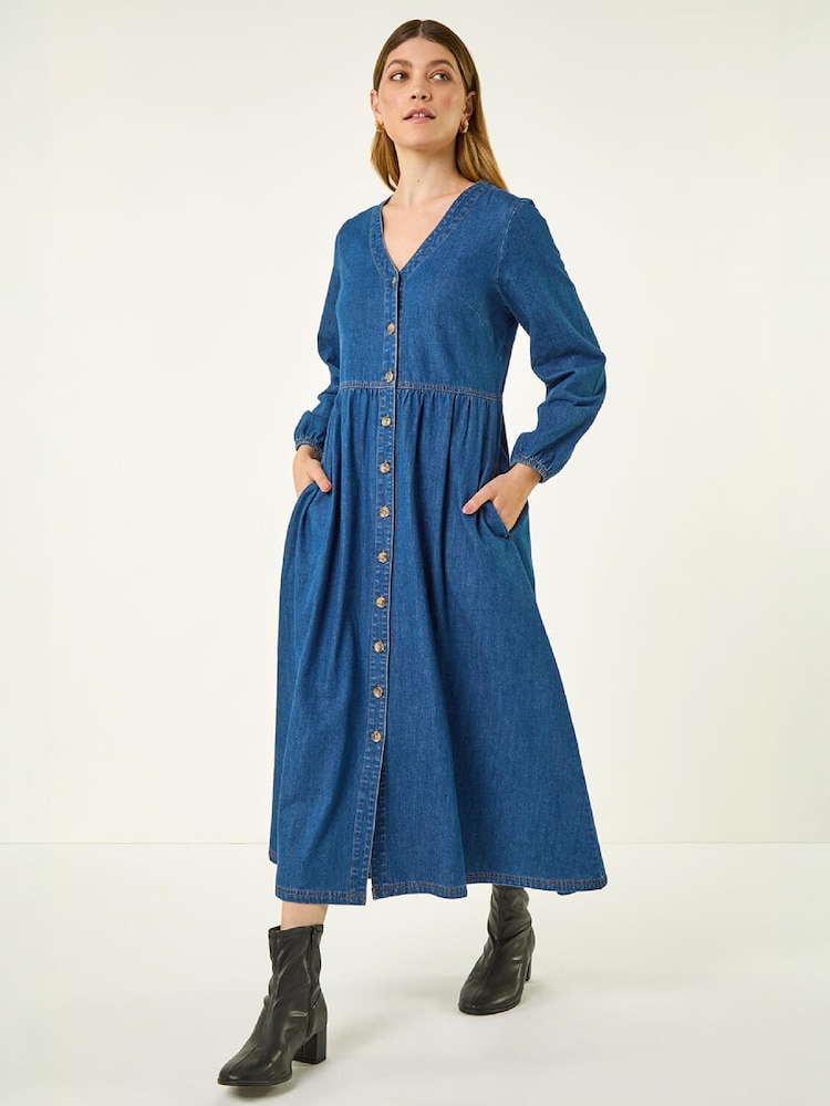 Roman Blue Denim Button Through Midi Dress - Image 1 of 4 Roman Blue Denim Button Through Midi Dress - Image 1 of 4
