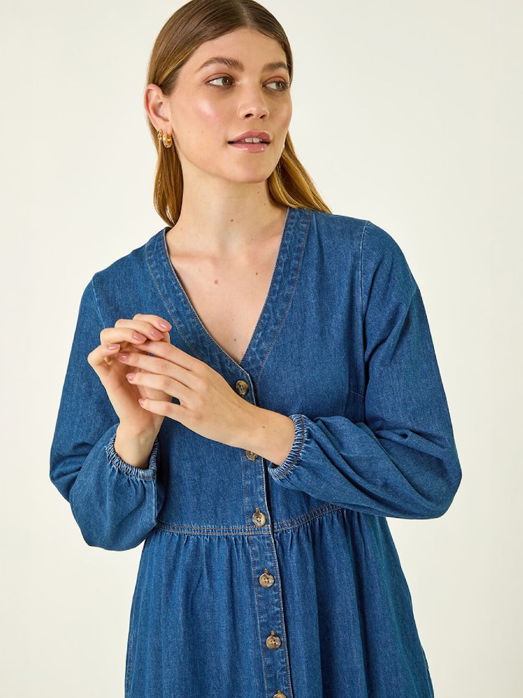 Roman Blue Denim Button Through Midi Dress - Image 4 of 4 Roman Blue Denim Button Through Midi Dress - Image 4 of 4