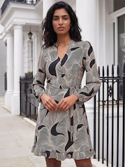 Roman Black/Beige Abstract Linear Print Stretch Dress - Image 1 of 4