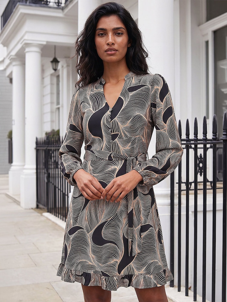 Roman Black/Beige Abstract Linear Print Stretch Dress - Image 1 of 4