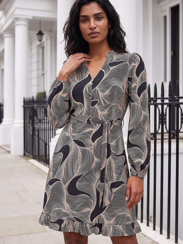 Roman Black/Beige Abstract Linear Print Stretch Dress - Image 2 of 4