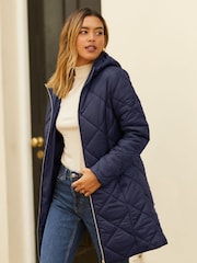 Friends Like These Navy Blue Longline Hooded Quilted Padded Coat - Image 1 of 4