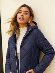 Friends Like These Navy Blue Longline Hooded Quilted Padded Coat - Image 4 of 4