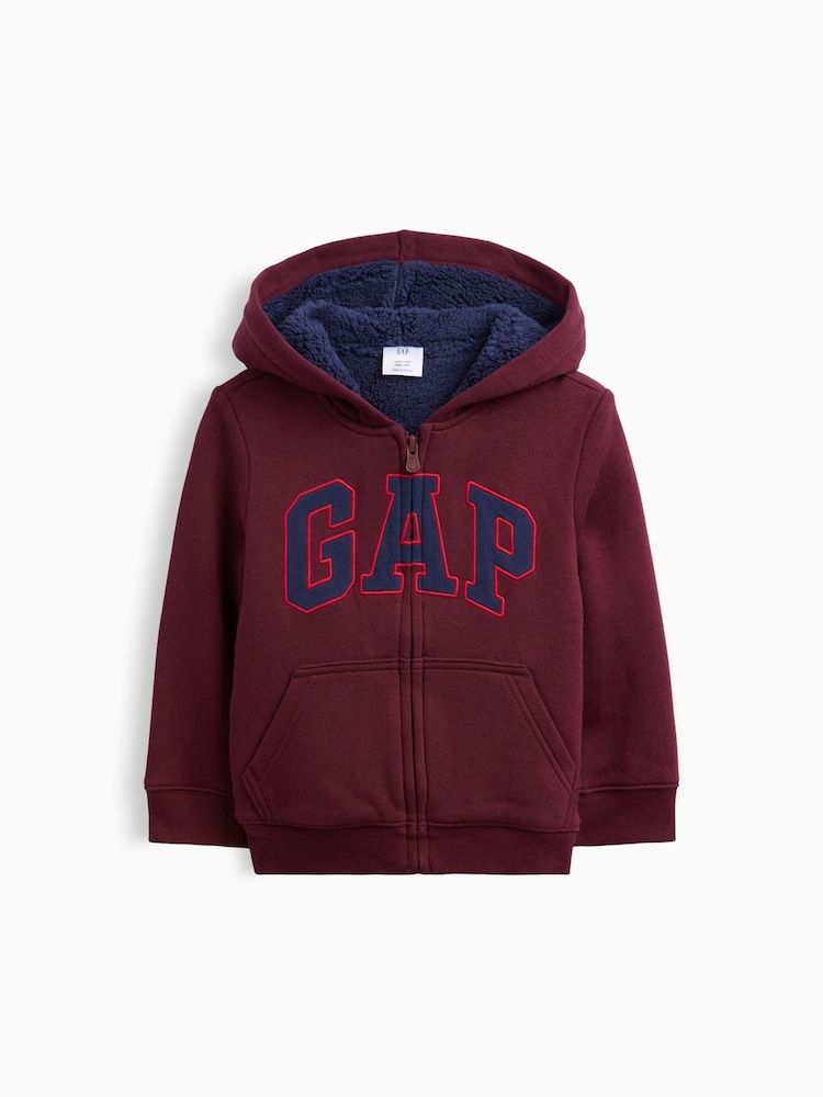 Gap Burgundy Red & Navy Sherpa-Lined Logo Zip-Up Hoodie (6mths-5yrs) - Image 1 of 3 Gap Burgundy Red & Navy Sherpa-Lined Logo Zip-Up Hoodie (6mths-5yrs) - Image 1 of 3