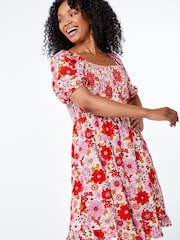 Roman Pink Petite Floral Shirred Tea Dress - Image 1 of 5