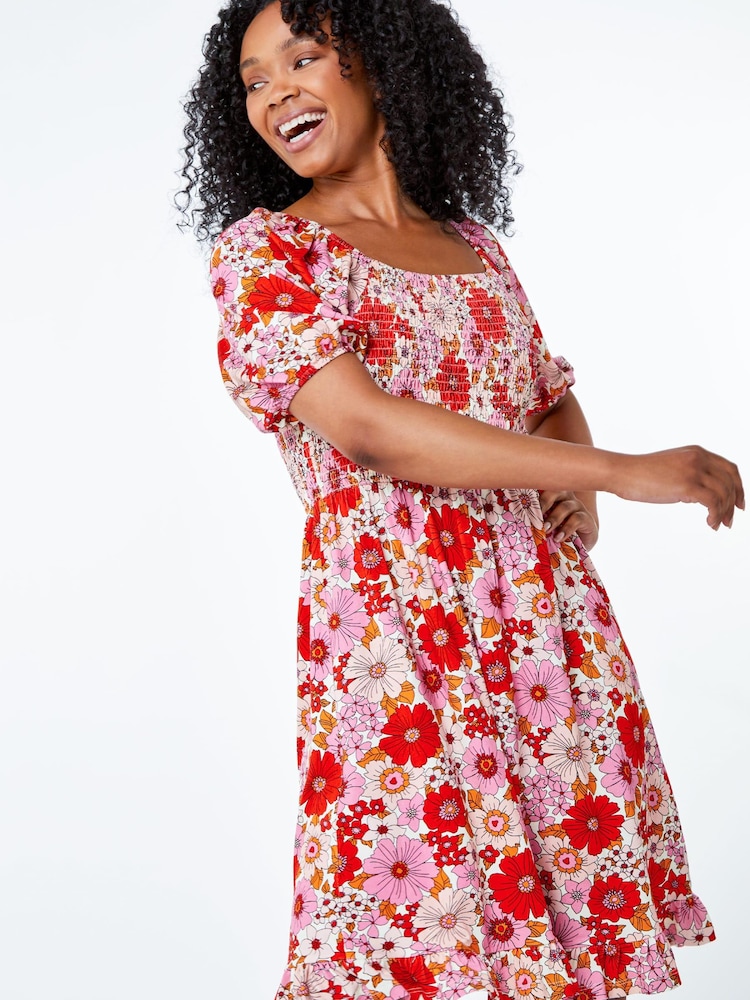 Roman Pink Petite Floral Shirred Tea Dress - Image 1 of 5