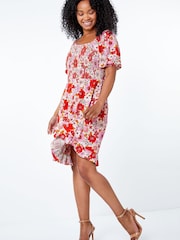 Roman Pink Petite Floral Shirred Tea Dress - Image 3 of 5