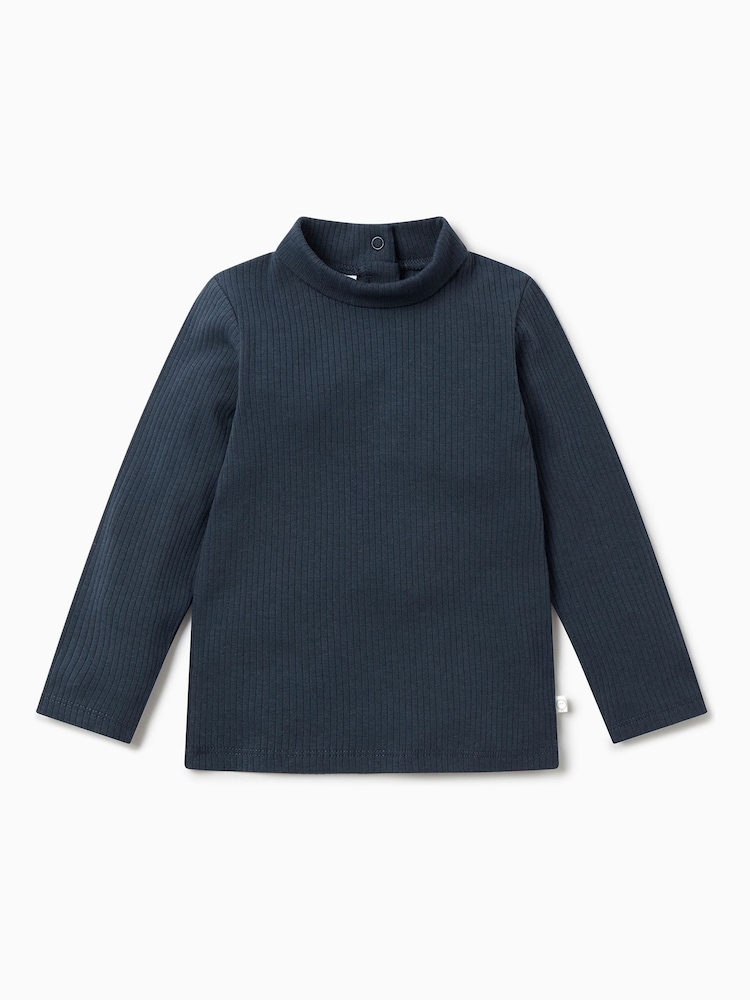MORI Blue Soft and Stretchy Ribbed Roll Neck T-Shirt - Image 1 of 2 MORI Blue Soft and Stretchy Ribbed Roll Neck T-Shirt - Image 1 of 2