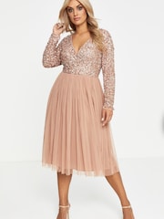 Maya Pink Curve Embellished Wrap Long Sleeve Midi Dress - Image 1 of 4
