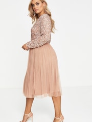 Maya Pink Curve Embellished Wrap Long Sleeve Midi Dress - Image 2 of 4