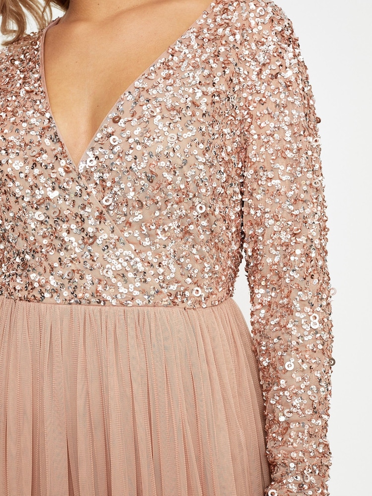 Maya Pink Curve Embellished Wrap Long Sleeve Midi Dress - Image 4 of 4 Maya Pink Curve Embellished Wrap Long Sleeve Midi Dress - Image 4 of 4