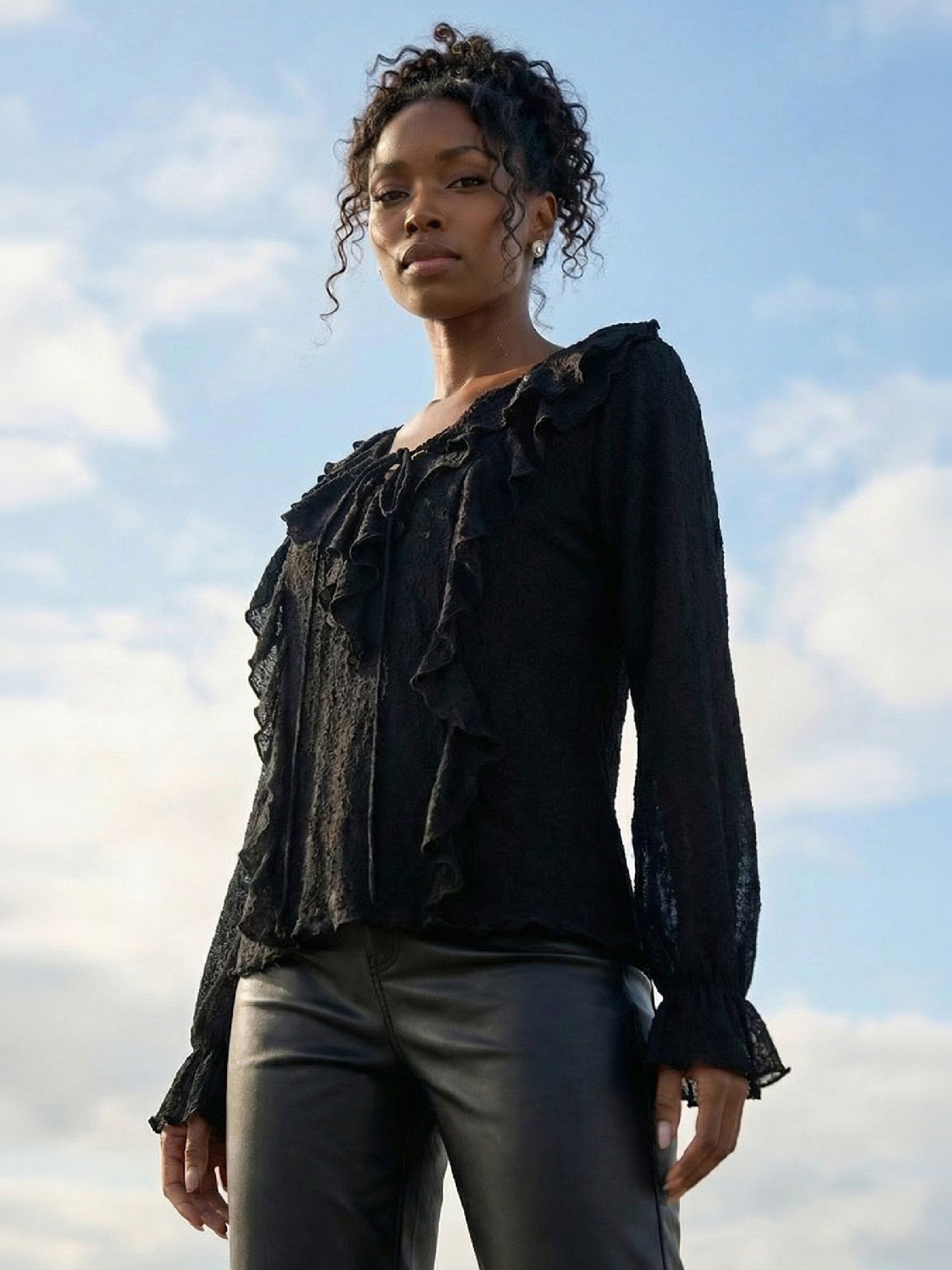 Roman Black Lace Ruffle Front Top - Image 8